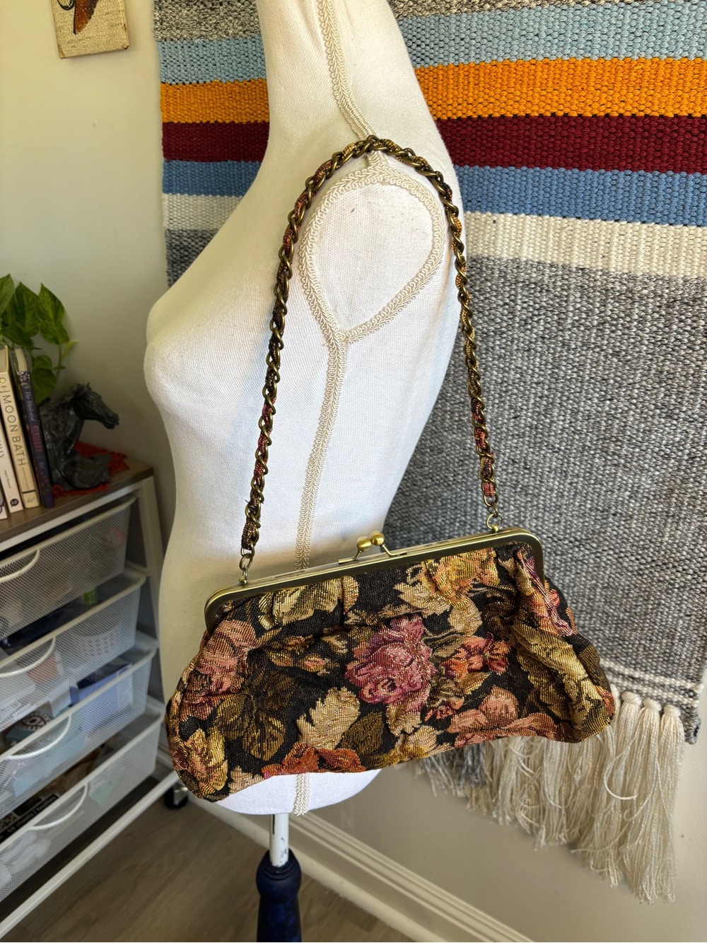 Vintage Inspired Floral Tapestry Clutch in Black, Pink, Gold